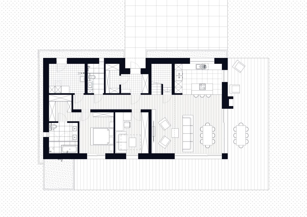 Rzut parteru domu jednorodzinnego w Gorlicach — projekt architektoniczny heca.